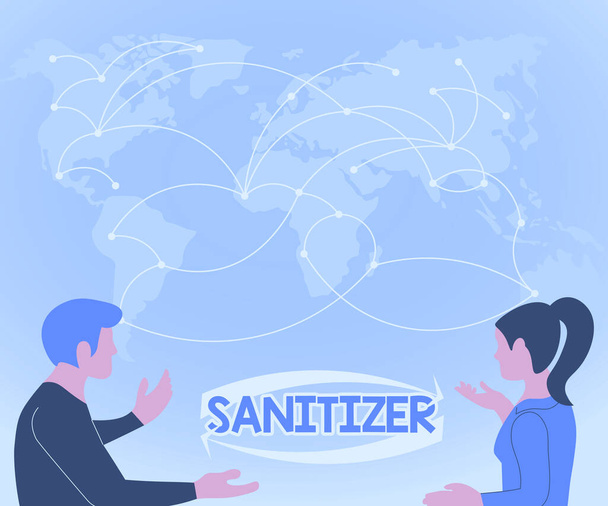 Text sign showing Sanitizer. Conceptual photo liquid or gel generally used to decrease infectious agents Two Teammates Discussing New Ideas World Map Brainstorming New Solutions. - Photo, Image