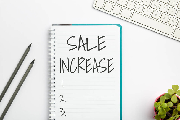 Sign displaying Sale Increase. Word Written on Average Sales Volume has Grown Boost Income from Leads Flashy School Office Supplies, Teaching Learning Collections, Writing Tools, - Foto, immagini
