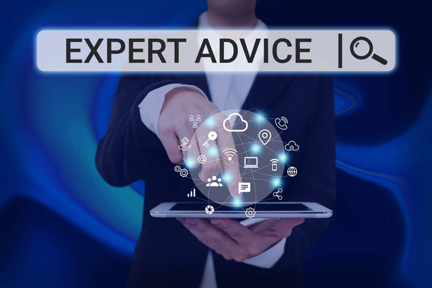 Text sign showing Expert Advice. Business approach Sage Good Word Professional opinion Extensive skill Ace Lady Pressing Screen Of Mobile Phone Showing The Futuristic Technology - 写真・画像
