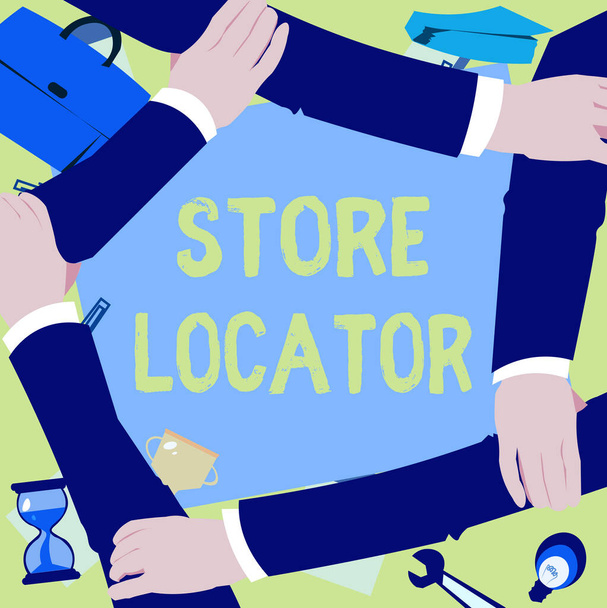 Konzeptionelle Anzeige Store Locator. Konzept, das bedeutet, Adresse, Kontaktnummer und Betriebsstunden zu kennen Vier Hände, die den Haltearm zusammenhalten.. - Foto, Bild