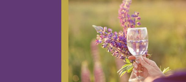 Woman holds a wine glass with purple lupinus in the meadow at sunset. Wellness and natural concept. Adaptogenic ayuverdic drink concept. Conscious consumption. Extra wide banner. Purple place for text. - Photo, Image