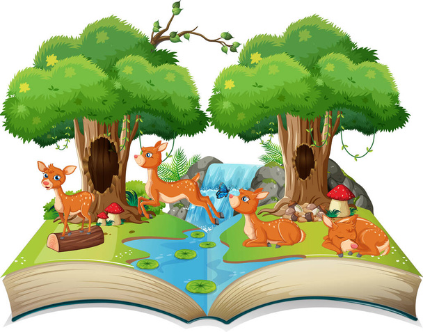 Libro de cuentos con ciervos en la ilustración forestal - Vector, imagen