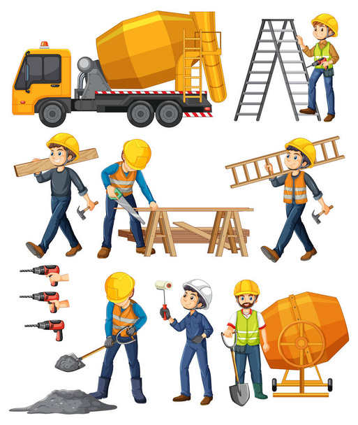建設現場のオブジェクトと労働者のイラストのセット - ベクター画像