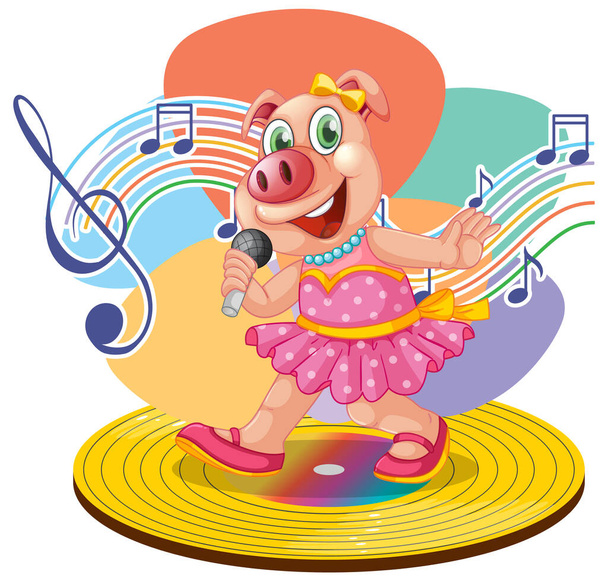 Singer piggy cartoon with music melody symbols illustration - Vector, Image