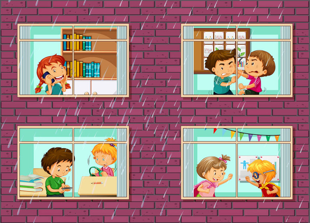 Παράθυρα διαμέρισμα με γείτονες εικονογράφηση χαρακτήρα κινουμένων σχεδίων - Διάνυσμα, εικόνα