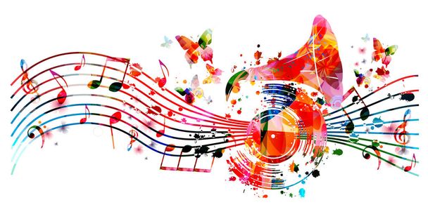 Colorful musical poster with gramophone horn and LP vinyl record vector illustration. Live concert events, music festivals and shows background, party flyer with musical notes and instruments - Vektör, Görsel