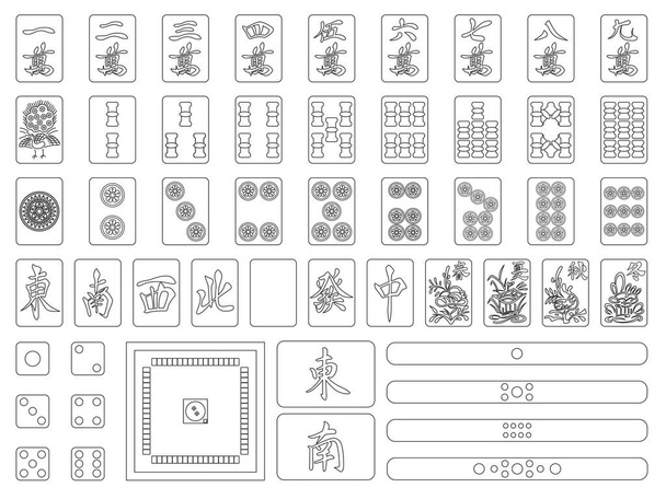 ikon beállított vonal rajz mahjong mahjong csempe pont botok veréb asztal virág csempe karakter csempe piros csempe kocka illusztráció ikon - Vektor, kép