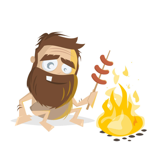 funny illustration of a prehistoric cartoon man grilling sausages - Vector, Image