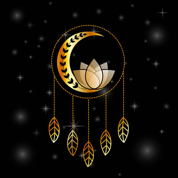 Attrape-rêves mystique au lotus avec plumes et feuillage en or - Vecteur, image