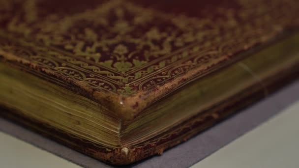 Uitgeputte randen van boekomslag en vergeelde pagina 's van oude folio - Video