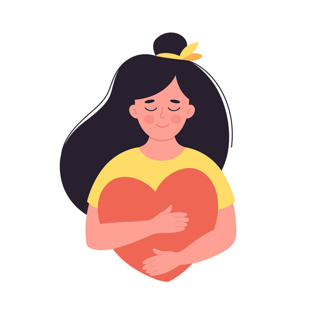 Woman hugging heart. Self love, positive emotion, mental health, freedom, happiness, mental wellbeing. Hand drawn vector illustration - Vector, Image