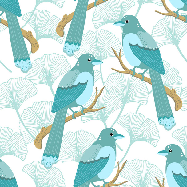 Patrón sin costuras, pájaros urraca sobre un fondo de hojas de ginkgo, tonos turquesa. Imprimir, textil, papel pintado, decoración del dormitorio - Vector, imagen
