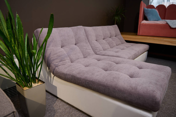 Vista lateral de un cómodo sofá moderno, que se muestra a la venta en una sala de exposición de una tienda de muebles tapizados para el hogar. Diseño de interiores y decoración del hogar - Foto, imagen
