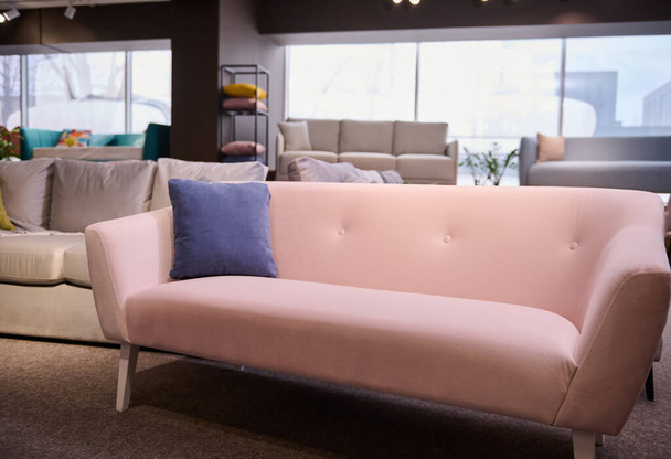 Tienda de muebles con sofás y sofás en exhibición para la venta, espacio de copia. Muebles tienda de exposición interior. Elegante sofá rosa con cojín púrpura en la sala de exposición de muebles tapizados. - Foto, imagen