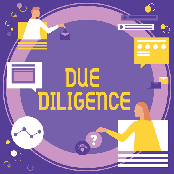 Εννοιολογική απεικόνιση Due Diligence. Επιχειρηματική προσέγγιση Ολοκληρωμένη Αξιολόγηση Εθελοντική Έρευνα Συνάδελφοι Ελέγχου Έχοντας Online Συνάντηση Συζητώντας Μελλοντικά Σχέδια Έργου. - Φωτογραφία, εικόνα
