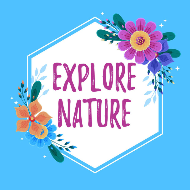 Szöveges jel mutatja Explore Nature. Üzleti áttekintés Kemping természetvédelmi expedíció Safari park keret díszített színes virágok és lombozat rendezett harmonikusan. - Fotó, kép