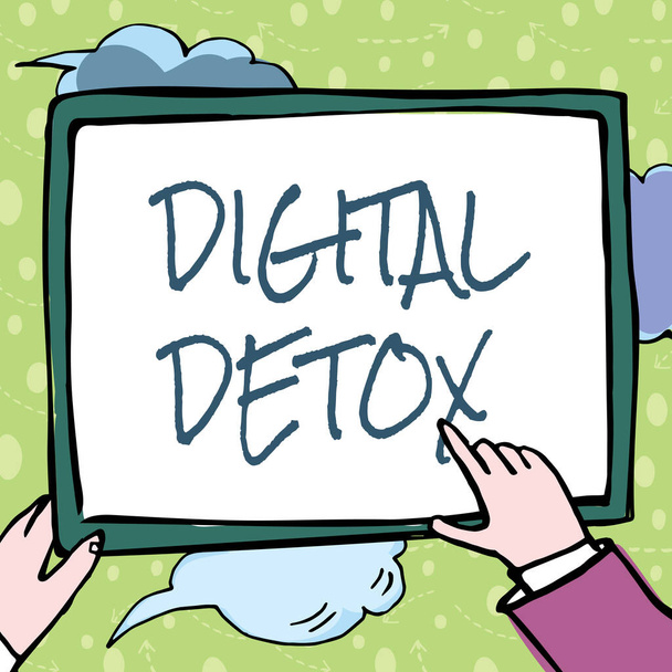 Text sign showing Digital Detox. Business showcase Free of Electronic Devices Disconnect to Reconnect Unplugged Hands Holding Paper Showing New Ideas Surrounded With Stars. - Photo, Image