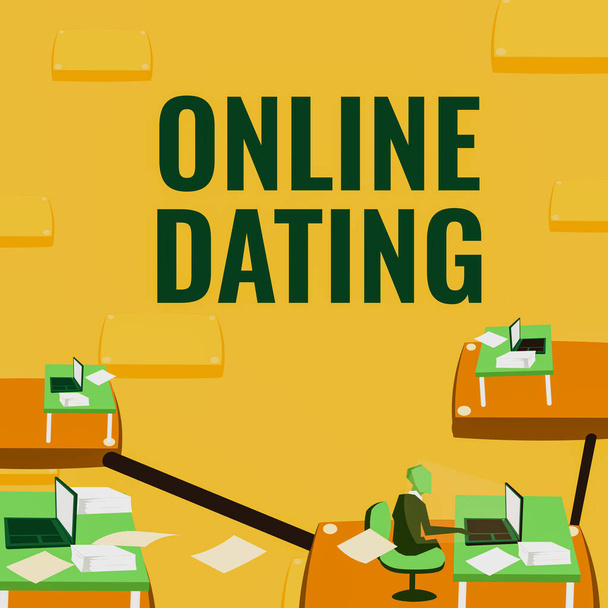Writing displaying text Online Dating. Business showcase Searching Matching Relationships eDating Video Chatting Male office worker utilizing technology available office supplies. - Photo, Image