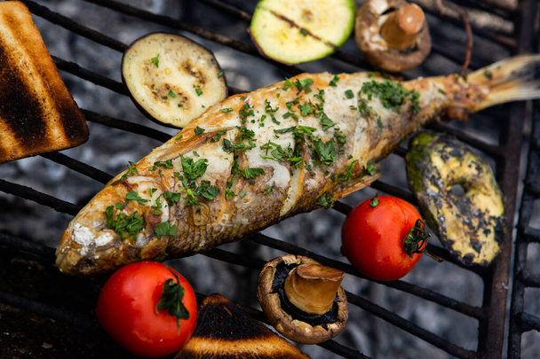 Freshly cooked fish with vegetables and bread in nature. A successful fishing in nature with a grilled fish. - Photo, Image