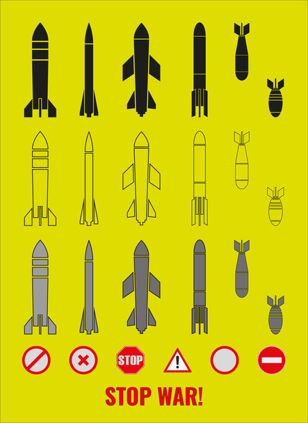 Conjunto de ícones de várias bombas, mísseis e sinais de símbolos anti-guerra. Construtor. A inscrição STOP WAR! Ilustração. - Foto, Imagem