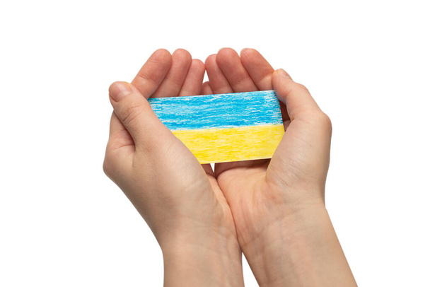 Ukrainian flag in woman hands isolated on a white background. Stop war.  - Photo, Image