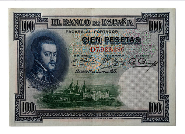 Spaanse peseta - 100 peseta wetsvoorstel uit 1928 - Foto, afbeelding