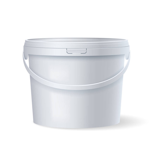 Bílý plastový kbelík s víkem a rukojetí. Šablona balení výrobku pro potraviny nebo barvy - Vektor, obrázek