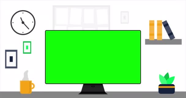 職場の部屋、オフィスやキャビネットアニメーションのモダンなインテリア。コンピュータと緑の画面でオフィスデスクを閉じます。フラットスタイルでカラフルな4Kアニメーション。モックアップ. - 映像、動画