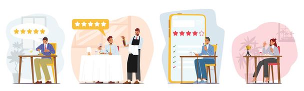 Set di critici alimentari, scrittori professionisti o blogger che fanno recensione e classifica la cucina del ristorante. Assaggiatore rende parere - Vettoriali, immagini