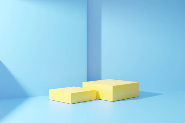 Yellow podium on blue abstract background. 3D render graphic design. - Photo, Image