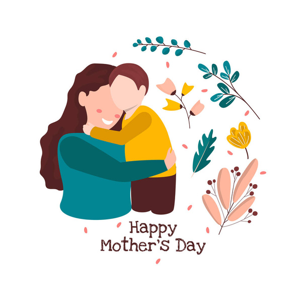 Ευτυχισμένη Ημέρα της Μητέρας Γιος Παιδί Λουλούδι Floral επίπεδη εικονογράφηση - Διάνυσμα, εικόνα