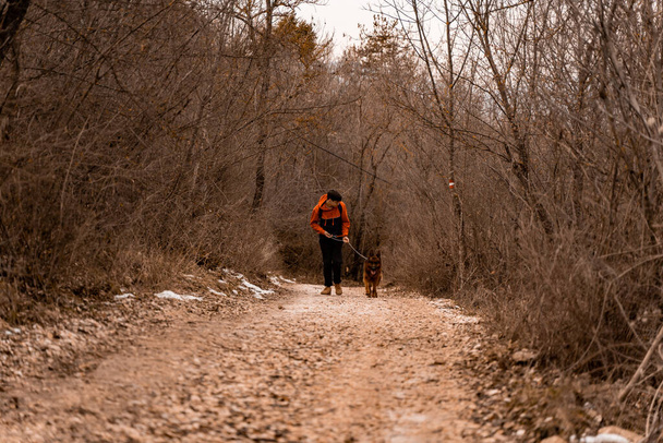 Bello e fantastico ragazzo sta portando il cane da solo sul sentiero della foresta mentre si diverte - Foto, immagini