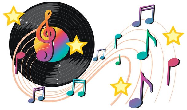 Music notes rainbow colourful with vinyl record on white background illustration - ベクター画像