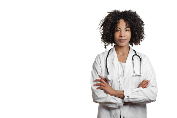 African doctor in medical robe with stethoscope on neck - Photo, Image