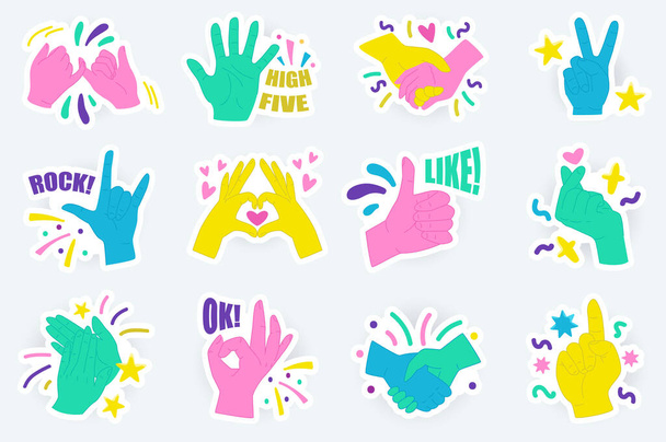 Hände gestikulieren niedliche Aufkleber im flachen Cartoon-Design. Bündel von High Five, Händchen halten, Sieg, Rock, Liebe, wie, okay, Applaus und andere. Vektor-Illustration für Planer oder Organizer-Vorlage - Vektor, Bild