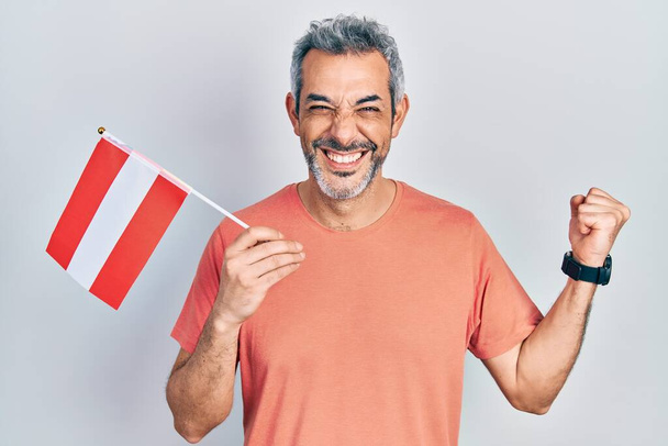 Hombre guapo de mediana edad con el pelo gris sosteniendo la bandera austriaca gritando orgulloso, celebrando la victoria y el éxito muy emocionado con el brazo levantado  - Foto, imagen