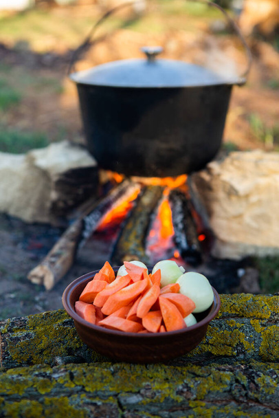 Sopa de pescado preparada sobre fuego abierto. Cocinar sopa de pescado sobre una fogata abierta en una tetera. Cocina en el turismo de senderismo y la pesca - Foto, Imagen