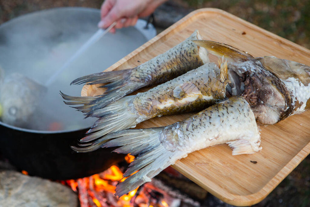 Fish soup prepared over an open fire. Cooking fish soup over an open fire in a kettle. Cooking in hiking tourism and fishing - Photo, Image