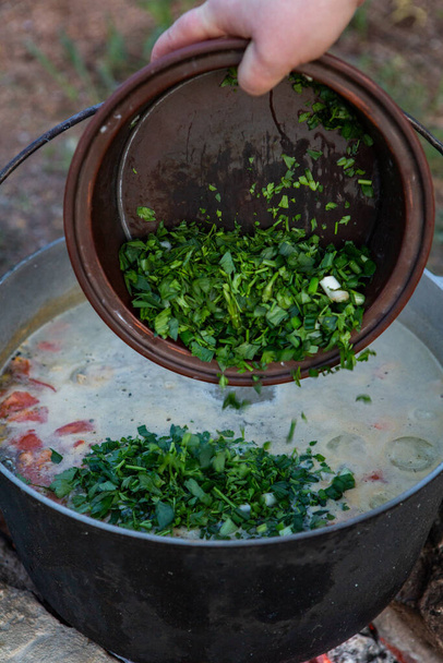 Zupa rybna przygotowana nad otwartym ogniem. Gotowanie zupy rybnej nad otwartym ogniem w czajniku. Gotowanie w turystyce pieszej i wędkarstwie - Zdjęcie, obraz