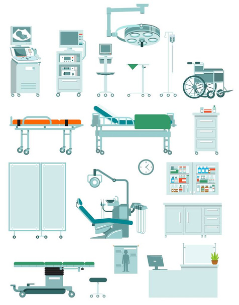 Moderní nábytek, vybavení a nástroje pro diagnostiku, léčbu a chirurgii. Vektorové ilustrace izolované na bílém pozadí. - Vektor, obrázek