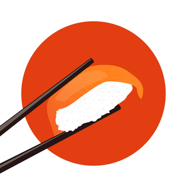 Icono Vector Ilustración Estilo Logo de la calle asiática Fast Food Bar o tienda, Sushi, Maki, Nigiri Salmón Roll con palillos, aislado objeto minimalista - Vector, imagen