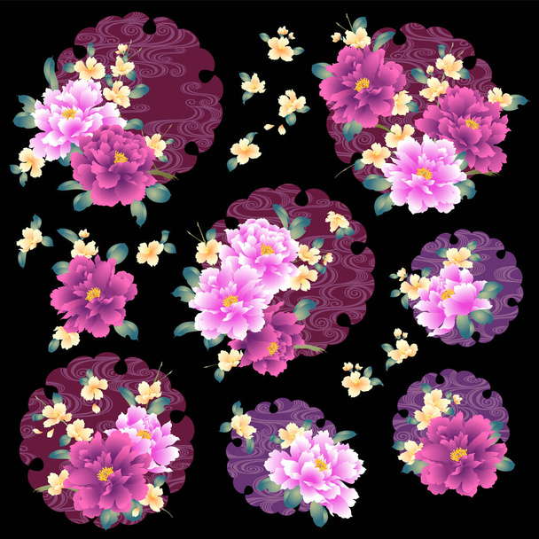 Japanese style peony and cloud-shaped material collection, - Vector, Image