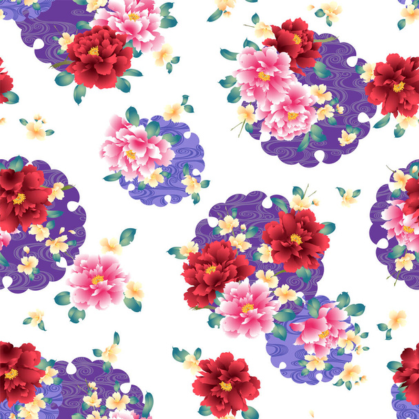 Seamless pattern of Japanese style peony and clouds, - ベクター画像