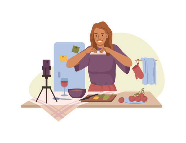 Donna riprese video per blog di cucina, vlogger - Vettoriali, immagini