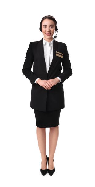 Full length portrait of receptionist with headset on white background - Valokuva, kuva