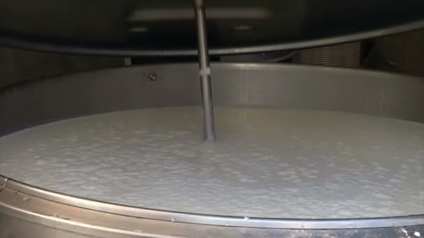 Lait de vache frais dans un réservoir ; Réservoir de refroidissement du lait pour le lait de vache frais en fonctionnement - Séquence, vidéo