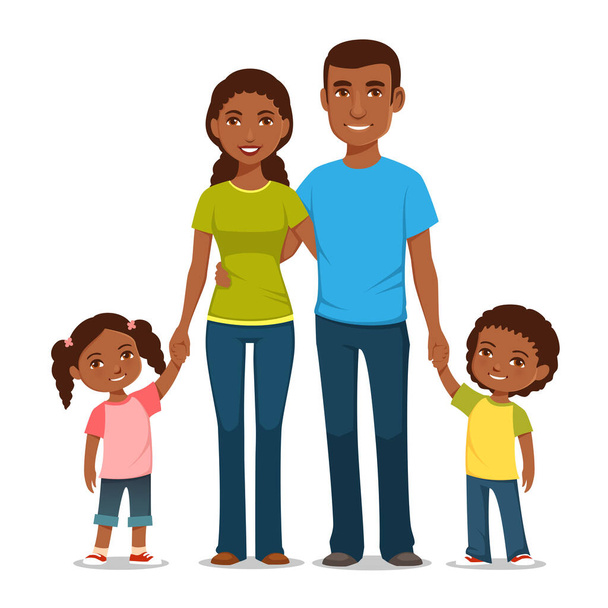 boldog fiatal afro-amerikai család gyerekekkel. Gyönyörű fekete család, fiatal szülők fiukkal és lányukkal. - Vektor, kép