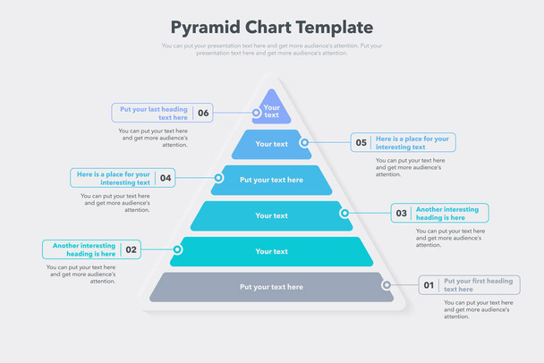 Plantilla gráfica piramidal con seis pasos de colores. Fácil de usar para su sitio web o presentación. - Vector, imagen