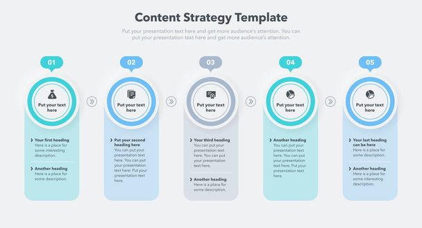 Шаблон стратегии контента с пятью этапами и местом для контента. Простота в использовании для вашего сайта или презентации. - Вектор,изображение
