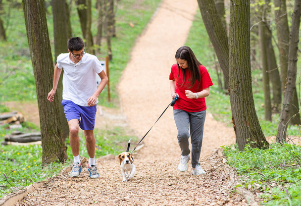 Молода щаслива пара біжить на парку з собакою
 - Фото, зображення